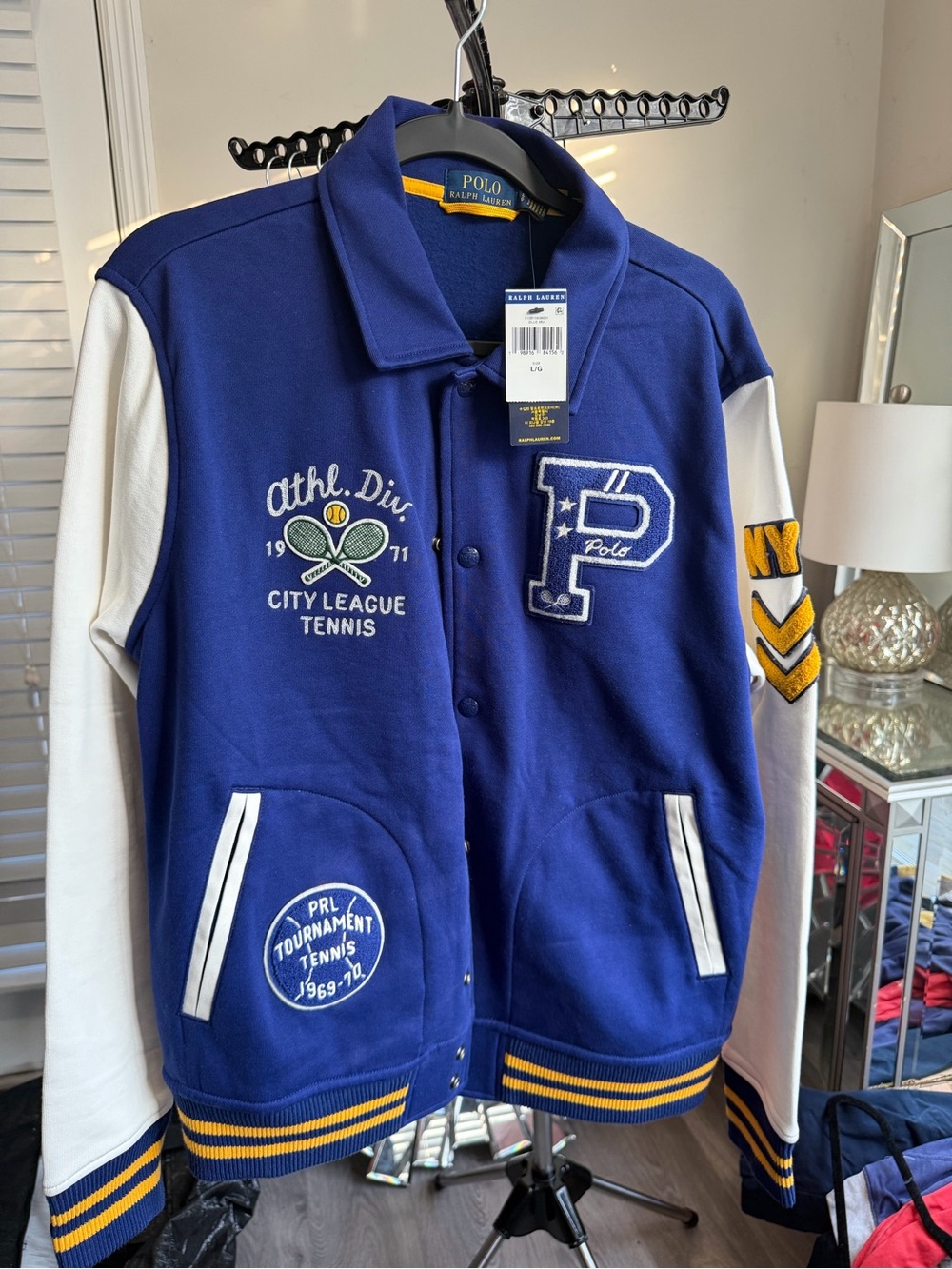 Polo by Ralph Lauren Blue & White Varsity Tennis Jacket with Yellow Accents